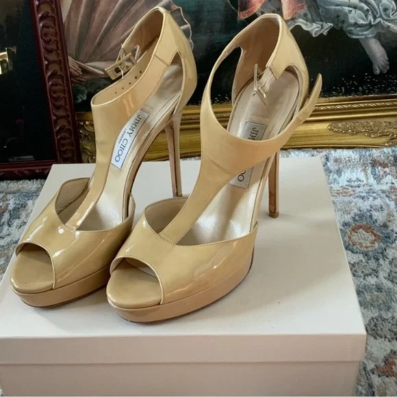 Jimmy Choo Totem nude patent leather buckle strap stiletto heels EU 39 with box! - Picture 5 of 13